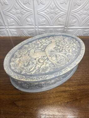 Incolay Stone Oval Jewelry Box with Birds Of Paradise Phoenix Blue White